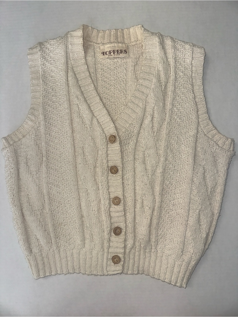 Vintage Toppers USA 100% Cotton Cable Knit Cardigan Sweater Vest Cream Ivory - Picture 3 of 11